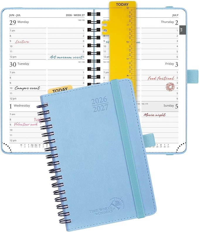 POPRUN Pocket Planner 2026-2027 (Purse Size 4'' x 6.25'') Academic Small Calendar (July 2026 - June 2027) with Hourly Time Slots, 100GSM Thick Papers, Spiral Leather Cover - Blue