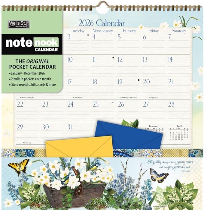 WSBL Botanical Gardens 2026 Note Nook Wall Calendar – 12-Month Organizer Calendar with Dual Storage Pockets, Floral Artwork by Barbara Anderson, 12″ × 12.125″
