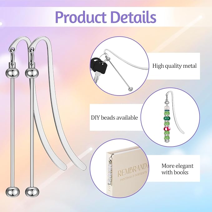 24 Pcs Beadable Bookmarks, DIY Blank Metal Bookmarks for Beads Craft Silver Pendant Charm Gifts for Teachers, Students, Book Lovers, Office Supplies