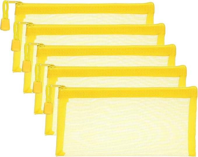 PATIKIL A6 Mesh Zipper Pouch Bags, 5 PCS Mesh Bags with Zipper Plastic Storage Pocket for Organizing File Beads Office Home Supplies, 10x20cm, Yellow