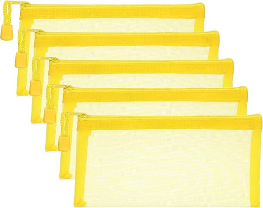 PATIKIL A6 Mesh Zipper Pouch Bags, 5 PCS Mesh Bags with Zipper Plastic Storage Pocket for Organizing File Beads Office Home Supplies, 10x20cm, Yellow