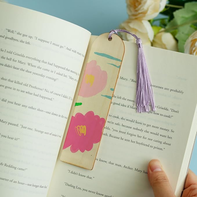 SWATOM Wood Bookmarks Blank DIY Semicircle & Rectangle Wooden Bookmark Craft Bulk 30 PCS Unfinished Wood Tags Rectangle Shape Ornaments with Holes and Tassels for Wedding Party Birthday Decoration