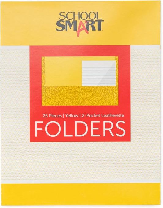 School Smart Extra-Large Folders with Pockets, 9 x 12 Inches, Yellow, Pack of 25