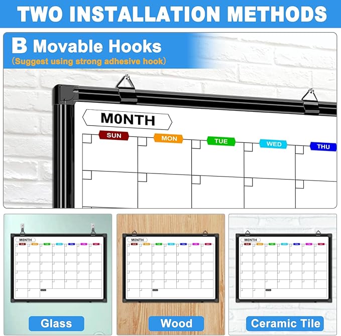 Calendar Whiteboard for Wall 24" x 18", Monthly White Board Calendar Dry Erase with Black Aluminum Frame, Dry Erase Board for Office Home and School