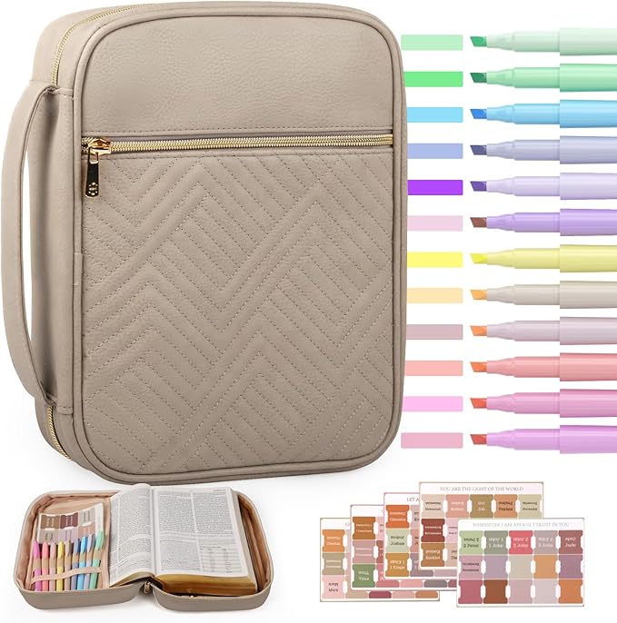 BellaHold Quilted Vegan Leather Bible Cover, Color-Blocked Bible Cover Case for Women, Bible Carrying Case with Handle, Bible Study Supplies & Christian Gift for Women and Girls (Desert Taupe, XL)