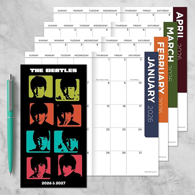 TF Publishing 2026-2027 Beatles Small Monthly Pocket Planner with 2 Page Large Calendar Grid and Lined Notes Section - 2 Year Pocket Calendar 2026-2027 Perfect for Purse - 3.5in x 6.5in
