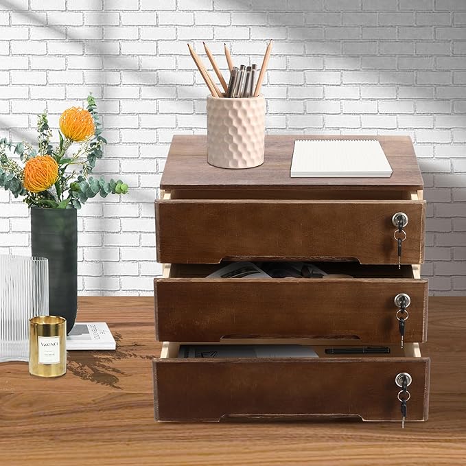 Wooden Desktop Storage Cabinet with 3 Lockable Drawers, Office Desk File Organizer, Small Wooden Drawer Storage Box for Home Office Supplies, Sewing Kits,Vanity, Walnut Color