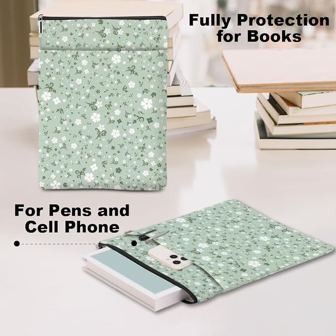 Floral Book Lovers Gifts Waterproof Flower Book Sleeve Botanical Book Pouch Book Protector with Zipper and Front Pocket Book Cover Case for Women Girl Friend Birthday Book Accessories Book Club Gifts