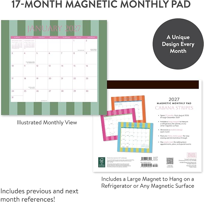 Orange Circle Studio 2027 Cabana Stripes Magnetic Monthly Calendar Pad, 17-Month Stripe Design Calendar for Office Desk & Refrigerator, Wall Planner, 9.6" x 8.5", Tear-Off Pages, Thick Paper Family Organizer
