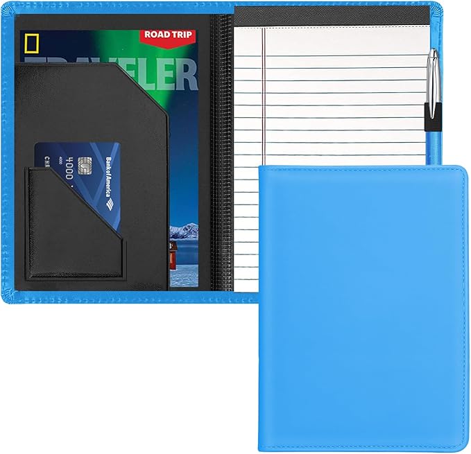 Junior Padfolio Folder - A5 Portfolio Binder Case with 5 x 8 Writing Pad and Interior Storage Pocket Executive Business Organizer for Men Women,Blue