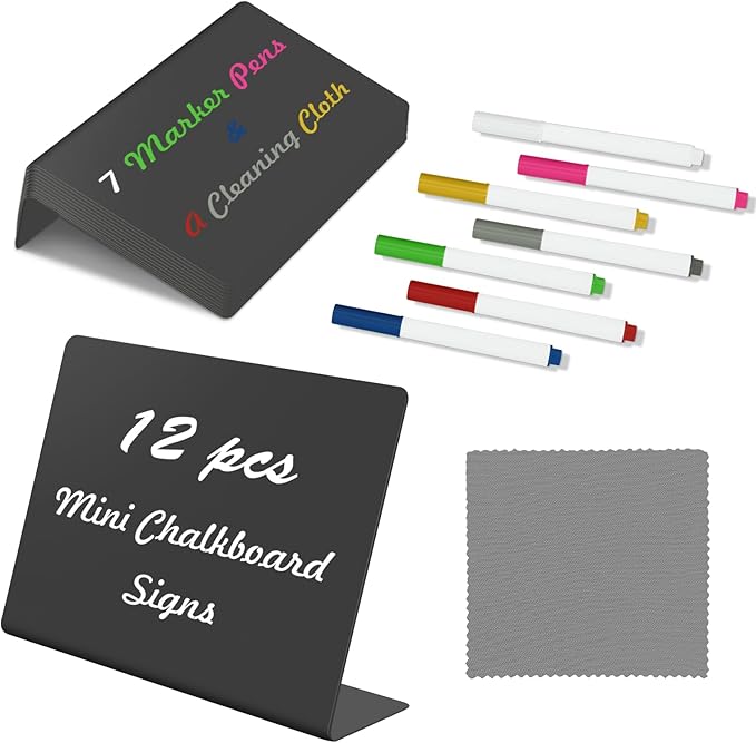 L-Shaped Mini Chalkboard Signs, Food Labels for Party Buffet, Reusable Tabletop Signs for Buffet, Bakery, Wedding, Party (12 Pack, 4"x3"), Includes 7 Color Chalk Markers, Cleaning Cloth
