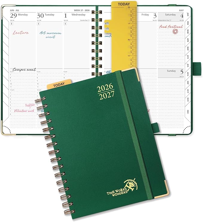 POPRUN 2026-2027 Academic Year Weekly and Monthly Planner Calendar,Jul 2026 - Jun 2027，6.25" x 8.5",Daily Agenda Book & Appointment Book with Hourly Schedule, Tabs, Hardcover, School and Office Supplies - Dark Green