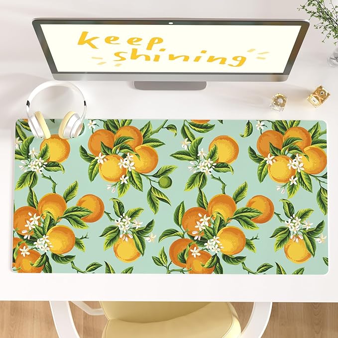 Colorful Star Large Mouse Pad, Watercolor Orange Desk Mat Office Supplies, Waterproof Faux Leather Big Gaming Mousepad, Fruits Flowers Desk Pad Home Office Décor Accessories 31.5" x 15.7"