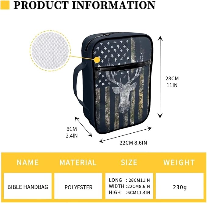 Suobstales Deer Bible Covers for Women Men Bible Case Camo American Flag Bible Bag Bible Accessories with Handle and Zippered Pocket Bible Tote Bag for Kids
