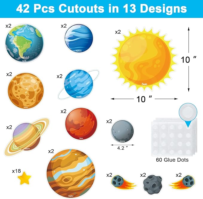 42 Pcs Solar System Cutouts Planet Cutouts for Bulletin Board Sun 8 Planets Galaxy Wall Decal Outer Space Room Decor Birthday Party Decorations