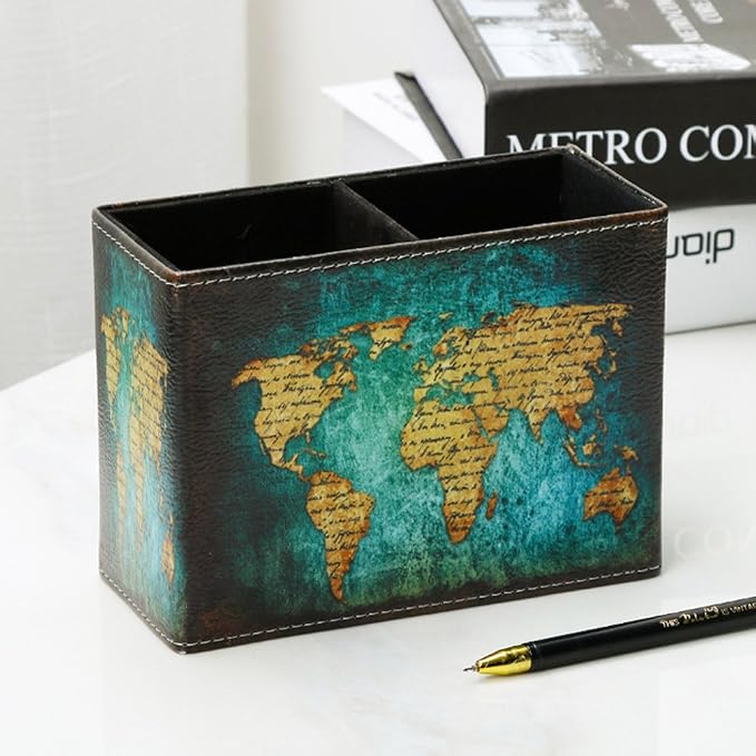 DreamsEden Vintage Pen Pencil Holder Cup Retro Pattern Desk Organizer for Home Office Bedroom (Blue World Map Square)