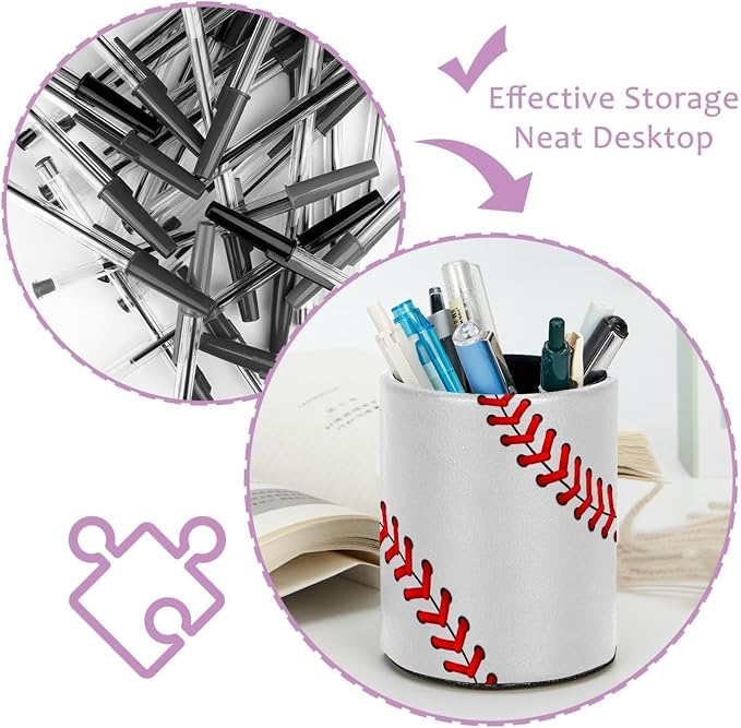 Baseball Laces Pen Holder Pencil Organizer Cute Pencil Cup Desk Decor Makeup Brush Holder PU Multifunctional Office Supplies for Home Classroom School