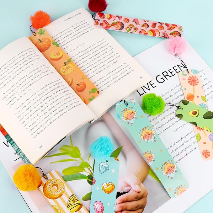 16 Pcs Cute Bookmarks Bulk Colorful Book Marks with Pompom Pendant Gifts for Reading Kids Boys Girls Book Lovers Reading Presents Classroom Reading Prizes Party Favor