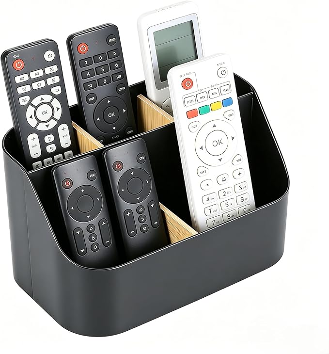 Remote Control Holder, Plastic Desk Organizer with Bamboo Dividers, 4-Compartment Remote Caddy for TV Media Phone Pen Storage, Tabletop Organizer for Coffee Table, Nightstand, Office, Black
