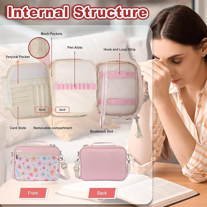supregear Bible Cover Case for Women, Carrying Book Canvas Church Bag with Shoulder and Handle for Study Supplies Accessories, Quilted Organizer Christian Gift for Girl/Ladies, Floral Pink