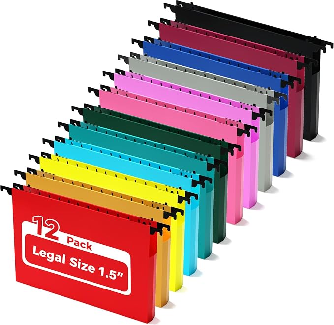 Ansook Legal Size Hanging File Folders, 12 Pack 1.5 Inch Expandable Side-Sealed Legal Size File Folders, Assorted Colors Plastic Hanging Folders with Tabs for Office School Home Filing Cabinet