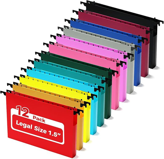 Ansook Legal Size Hanging File Folders, 12 Pack 1.5 Inch Expandable Side-Sealed Legal Size File Folders, Assorted Colors Plastic Hanging Folders with Tabs for Office School Home Filing Cabinet