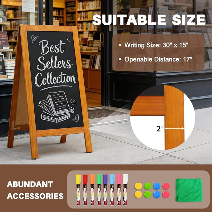 4 THOUGHT A-Frame Double-Sided Magnetic Chalkboard 40"x20", Solid Pine Wood Freestanding Sandwich Board for Restaurants, Cafes, Weddings (Caramel)