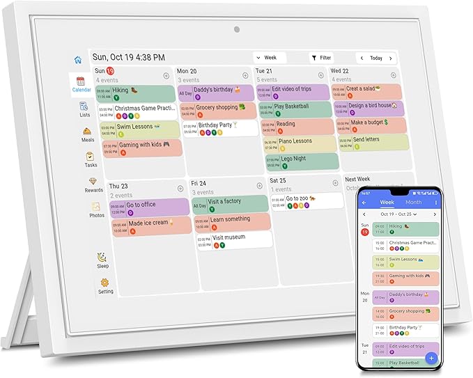 Digital Calendar with Touch Screen - 10.1 Inch Wall-mounted Smart Electronic Planner with Third-Party Calendar Sync, Chore Tracker, Meal Plan & Photo Display, Gifs for Mom