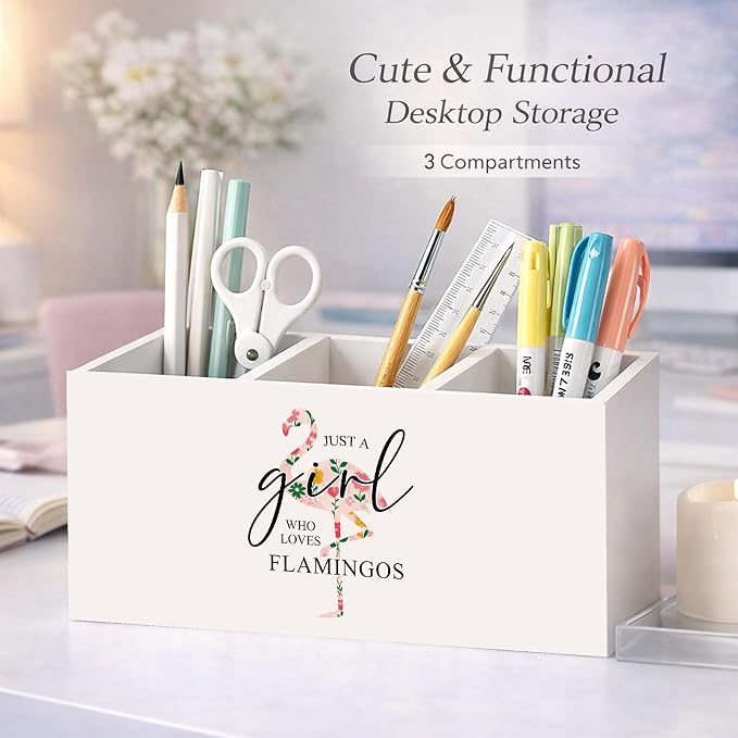 Flamingo Desk Organizer Wooden Pen Pencil Holder for Desk, 3 Compartments Office Accessories, Just a Girl Who Loves Flamingos Cute Bird Decor, Tropical Theme Table Storage for Home Office