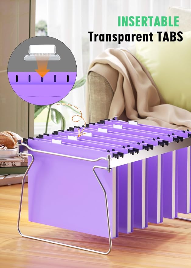 Extra Capacity Plastic Hanging File Folder, 12 Pack Reinforced Hang Folders Letter Size, Heavy Duty 1 Inch Expansion Filing Cabinet Folders, for Bulk Files, Medical Charts, Purple