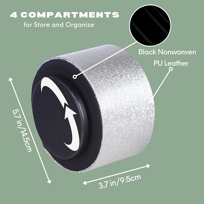 Spinning Caddy, PU Leather 360 Degree Rotating Remote Control Holder for Table with 4 Compartments, Cute Pen Holder Desk Organizer, Bling Silver PH100