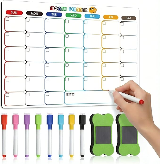 Li&Zhao Magnetic Calendar for Refrigerator - Calendar for Fridge Month Planner Whiteboard Sticker with 2 Erasers & 8 Colorful Markers - Perfect for Kitchen Meal Planning and Schedule Organizing