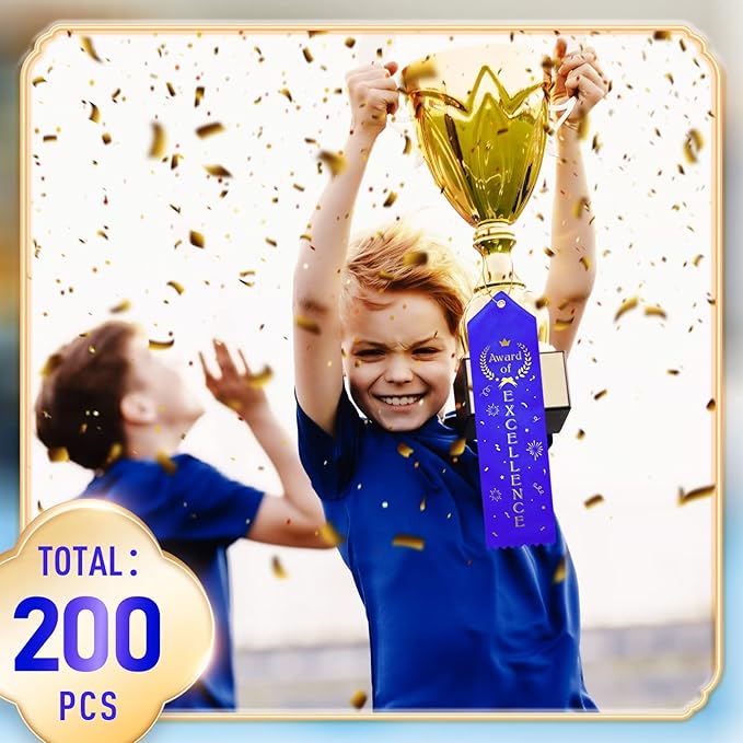 Taiyin Award of Excellence Ribbons Award Prize Achievement Ribbon with Event Card and Rope for Kids Competition, Sports Event, Contests, School, Office Team(200 Pieces)