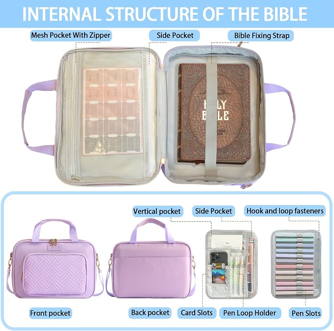 Bible Cover for Women Bible Case, Large Bible Bag, Bible Study Supplies Bible Journaling Kit Book Carrying Case with Bible Highlighters Tabs, Valentines Day Christian Gifts for Women (Purple)