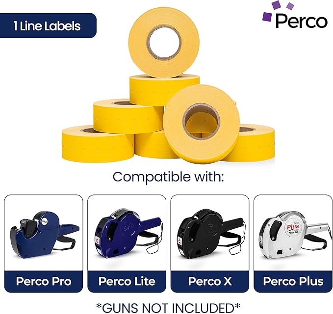 Perco 1 Line Yellow Labels - 80 Rolls, 10 Sleeves, 80,000 Blank Price and Date Gun Labels for Perco Lite, X, Plus and Pro 1 Line Price and Date Guns - Made in USA