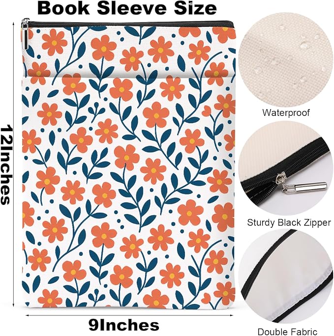 Book Sleeve Book Lovers Gifts Waterproof Books Pouch Protector Cover Reading Accessories Gifts for Women Girls Bookworm Teacher Bestie Librarian Friendship Birthday Wedding Christmas, Aesthetic Floral