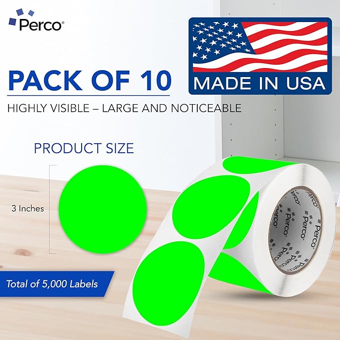 Perco Fluorescent Green 3-Inch Perforated Circle Dot Sticker Labels — 10 Rolls, 5,000 Round Stickers — with Permanent Adhesive for Moving Boxes, Sale Signage, Displays, Status Messaging—Made in USA