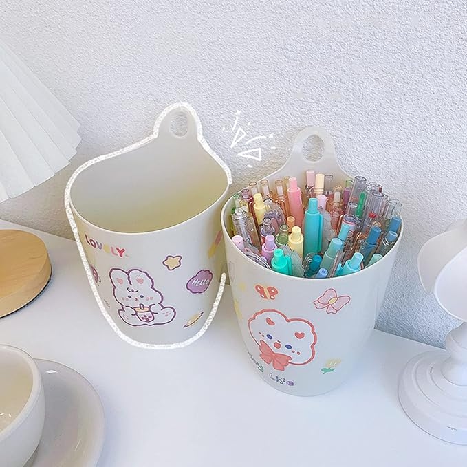 Wall Mount Pen Holder with Hanging Hook Remote Large Waste Basket Office Desk Management Organizer for Students Pen Cup Organizer Holder for Desk Unique White Cute Pink