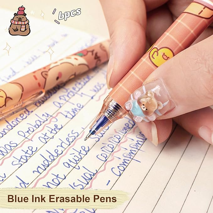 MOZXIRZ 6 Pcs Cute Erasable Retractable Pens Erasable Gel Ink Pens Cartoon Capybara Pen 0.5mm Fine Point Blue Ink Pen Cartoon Writing Pen Office School Pens Women Girls Boys (Blue Ink-Capybara)