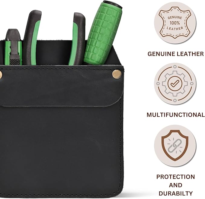 Large Pocket Protector Genuine Black Buffalo Leather Pen Holder Pouch Organizer for Shirts, Lab Coats, Pants - Multi-Purpose - Holds Pens, Pencils, tools and Notes for School, Office