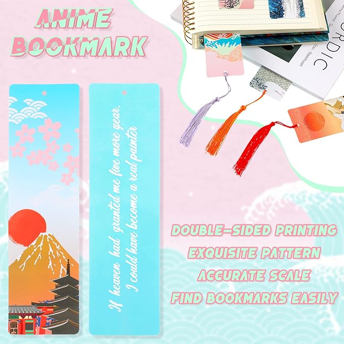 Yexiya 48 Pieces Tassel Anime Bookmark Inspirational Japanese Paper Bookmark Japan Art Impressions Nature Manga Book Card for Artists Men Women Book Lover Teen