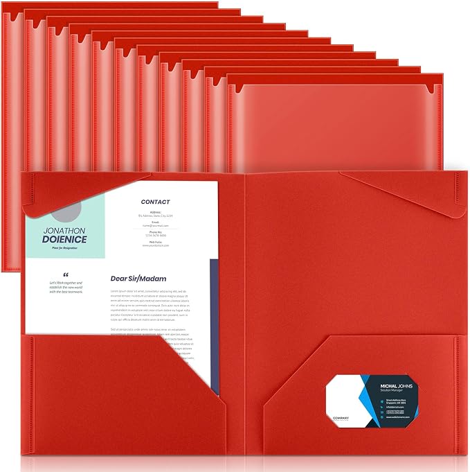 Henoyso 18 Pack Red Plastic Folders with Clear Front Pockets Heavy Duty File Folders with 2 Pockets and Card Slot for Student Communication School Office Presentation Report