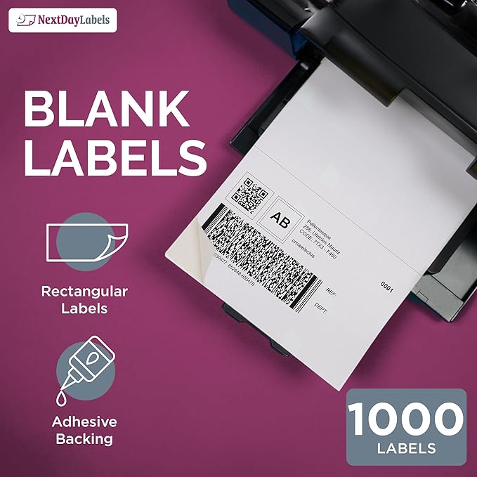 NextDayLabels 8.5x5.5 Half Sheet Stickers White Blank Labels for Laser Inkjet Printer - 2 Per Page Self-Adhesive Shipping Packaging Product Made in USA - 1000 Labels