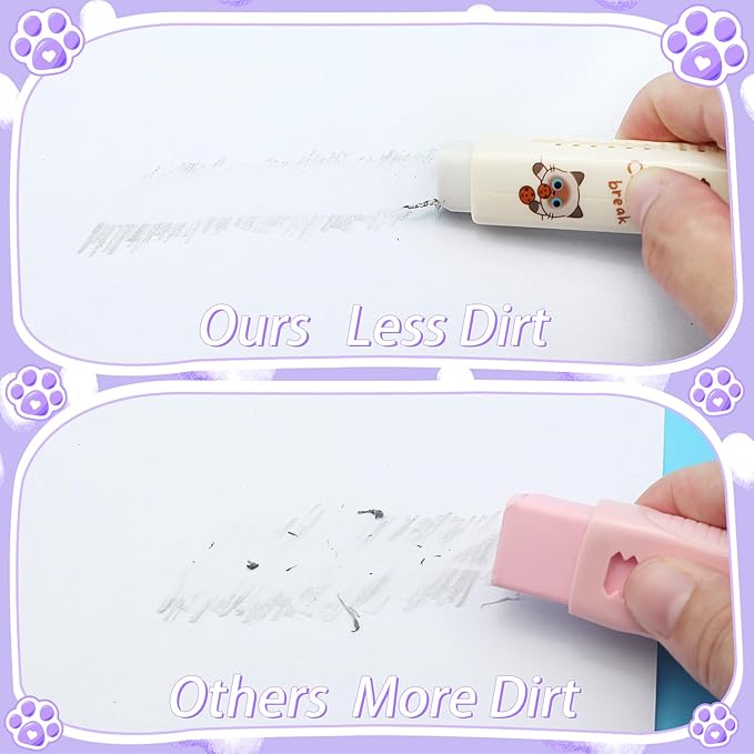 Benvo 4 Pcs Sliding Retractable Pencil Erasers with Cute Cat Plastic Sleeve Kawaii Erasers for School Home Office Clean Erase Rubber(4 Colors)