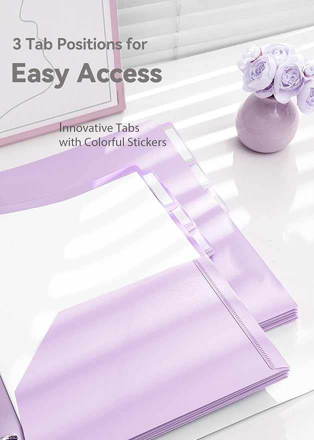 SortRax Plastic Folders with Pockets 3 Hole Punched, 6 Pack Purple Pocket Folders for 3 Ring Binder, Unique 1/3 Cut Tabs with Colorful Labels, Letter Size