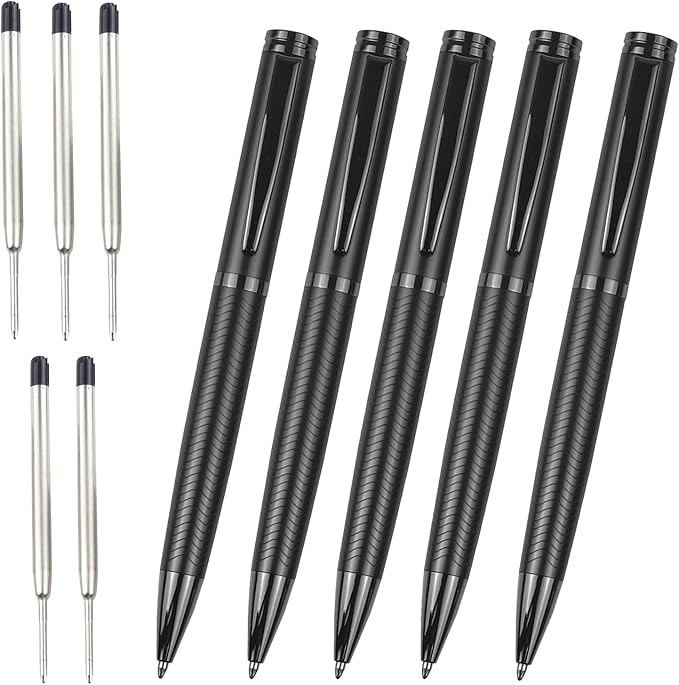 YUNCHUN 5PCS Medium Point Ballpoint Pens, Fancy Cool Metal Pens with 5 Extra Refills, Black Wave Stripe Ball Pens for Smooth Writing, Office Executive Business Professional Pen for Men & Women