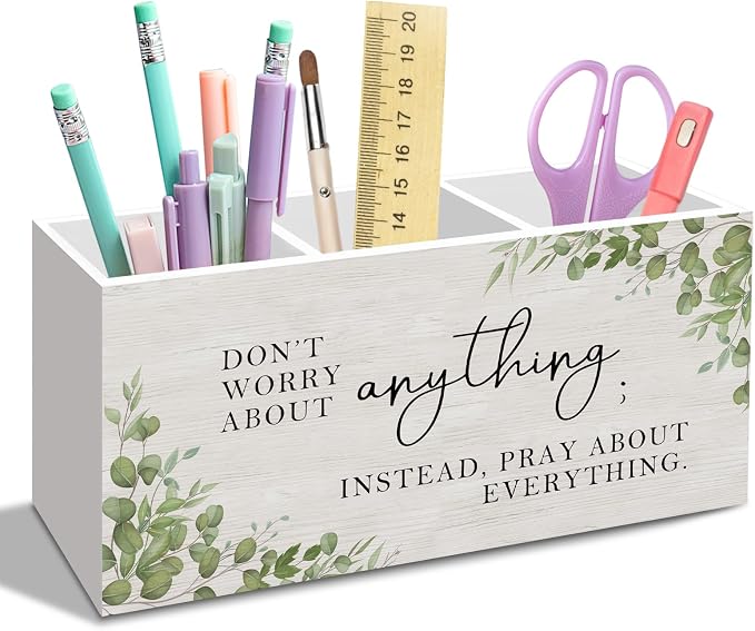 Inspirational Christian Pen Pencil Holder for Desk, Religious Office Desk Accessories, Sage Green Christian Bible Scripture Motivational Pen Holders Organizer for Office Classroom Bathroom