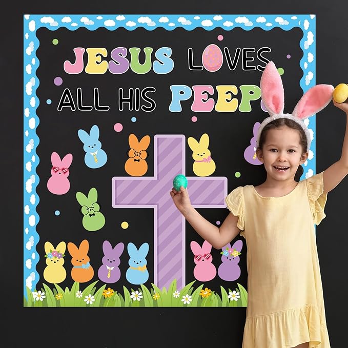 Easter Christian Bulletin Board Set Jesus Loves All His Classroom Decorations Bunny Cross Eggs Religious Bulletin Board Cutouts for Easter Spring Sunday School Church Chalkboard Decor Supplies
