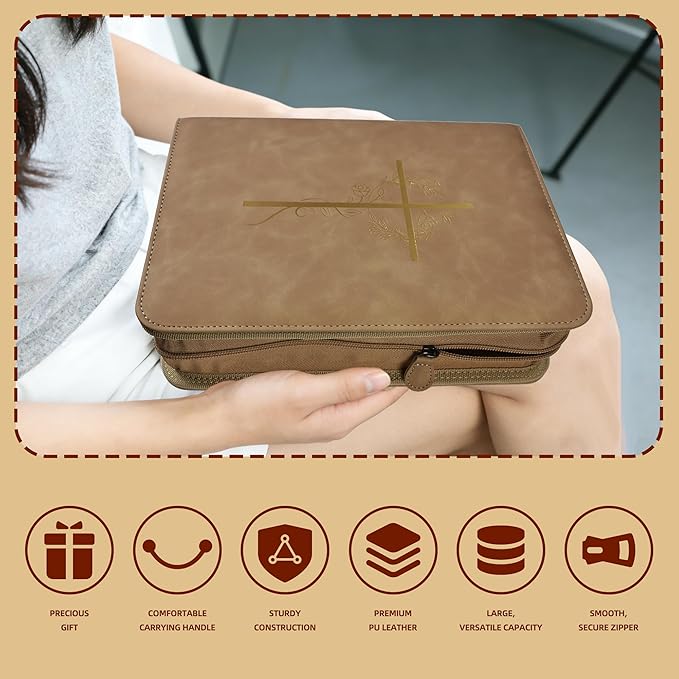 Bible Cover Case for Women, Bible Bag with Phone Pocket, PU Leather Large Carrying Book case with Minimalist Debossed Design – Christian Bible Accessories for Girls & Women (Brown)