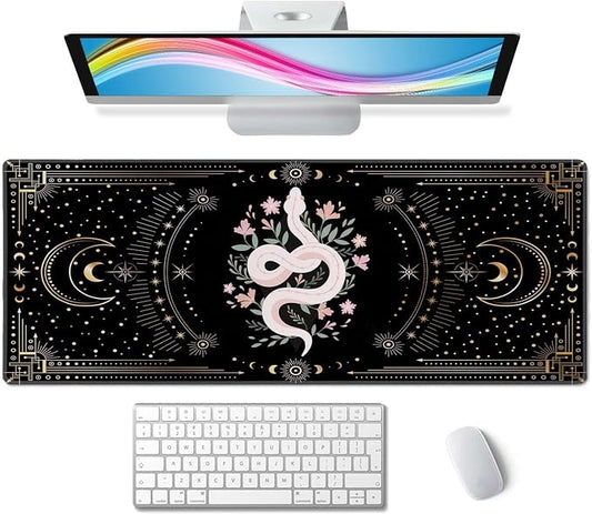 Boho Snake Witch Desk Mat Moon Phases XL Mouse Pad Large Full Desk Mousepad Gaming Extended Keyboard Mouse Mat Desk Pad for Computer Laptop 31.5''X11.8'' Non-Slip Rubber Base with Stitched Edges